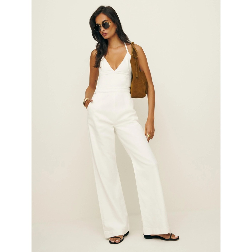 Reformation Lennon jumpsuit size‎ 4 Optic White denim wide leg NWT